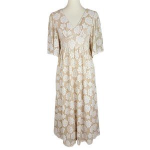 Listicle Yellow Beige Lace Flare Short Sleeves V Neck Midi Dress Size M